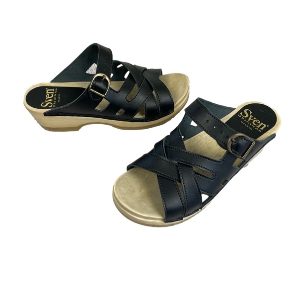 Sven Weave Buckle Sandal Clogs Black Smooth Leather Size 39
